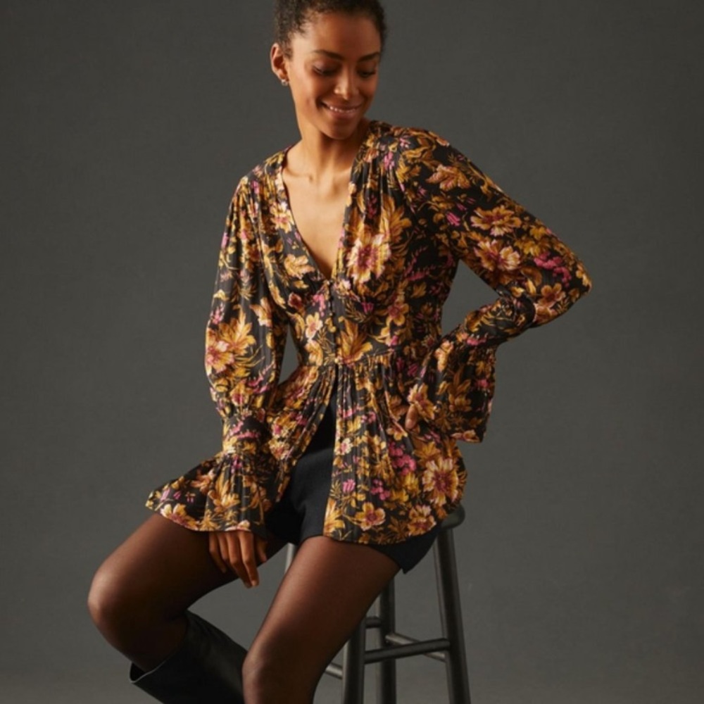 By Anthropologie Deep-V Tunic Blouse Floral Button Front